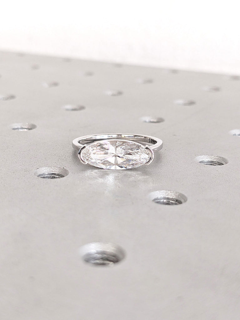 14k White Gold Ring, Elongated Oval Moissanite Ring, East West Engagement Ring, Half Bezel Set Ring, Colorless Moissanite Anniversary Ring