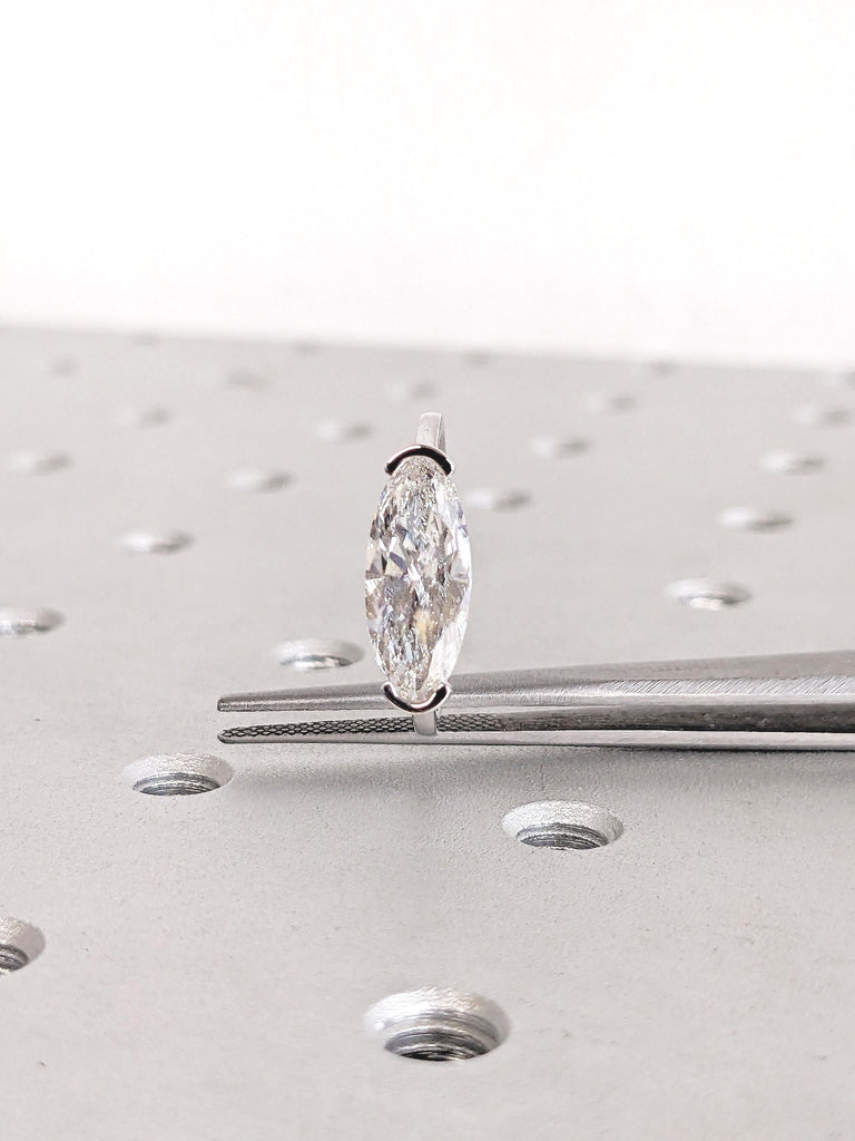 14k White Gold Ring, Elongated Oval Moissanite Ring, East West Engagement Ring, Half Bezel Set Ring, Colorless Moissanite Anniversary Ring