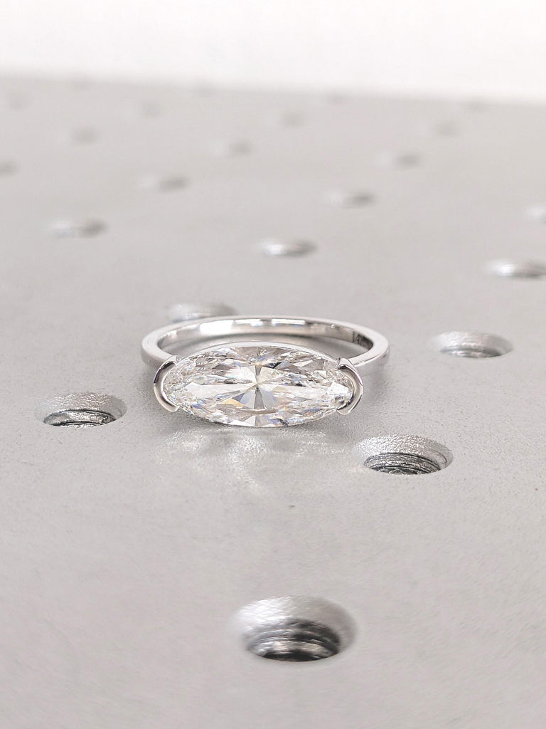 2ct Moval Diamond Bezel Ring | 14k/18k Gold Lab Grown Diamond Engagement Rings for Women | East West Solitaire Ring image #2