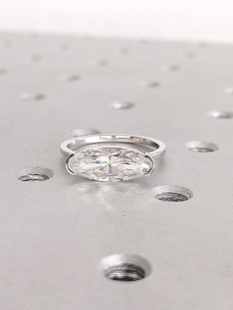 East West Moval cut Lab Diamond Unique Proposal Ring | Elongated Oval Solitaire Gold Ring | Custom Wedding Jewelry Anniversary Gift for Her image #3