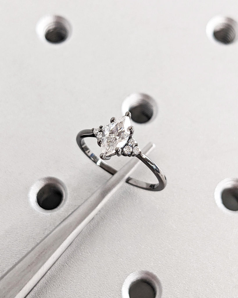 Marquise Lab Diamond Engagement Ring in 14K Black Gold, Art Deco Marquise Cut Lab Diamond Solitaire Promise Ring, Vintage Wedding Ring, Diamond Cluster Ring