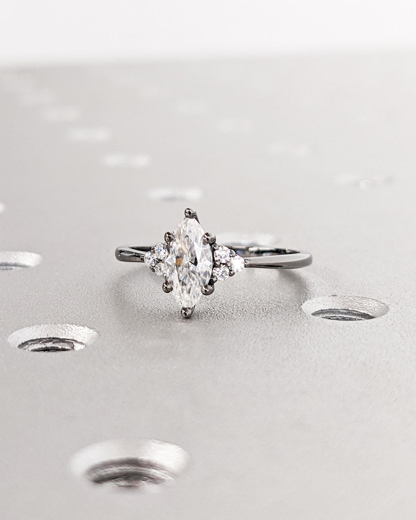 14K Black Gold Marquise Moissanite Engagement Ring, Art Deco Marquise Solitaire Promise Ring, Vintage Wedding Ring, Moissanite Cluster Ring