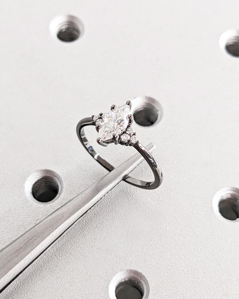 14K Black Gold Marquise Moissanite Engagement Ring, Art Deco Marquise Solitaire Promise Ring, Vintage Wedding Ring, Moissanite Cluster Ring