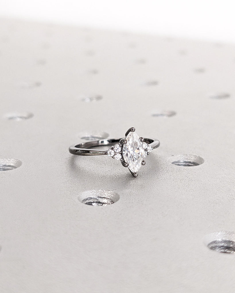 Marquise Lab Diamond Engagement Ring | 14K Black Gold Vintage Marquise Solitaire Ring | Classic Promise Ring | Dainty Bridal Ring for Women