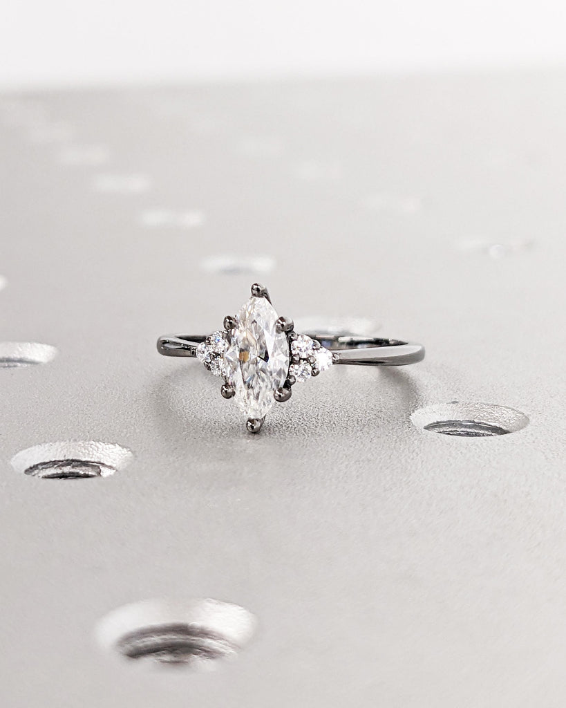 Marquise Lab Diamond Engagement Ring | 14K Black Gold Vintage Marquise Solitaire Ring | Classic Promise Ring | Dainty Bridal Ring for Women