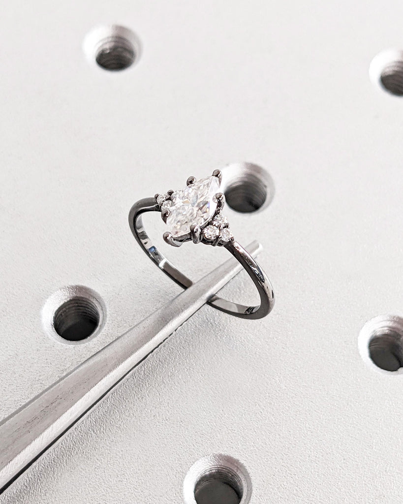 14K Black Gold Marquise Lab Diamond Engagement Ring / Art Deco Marquise Solitaire Promise Ring / Vintage Wedding Ring / Diamond Cluster Ring