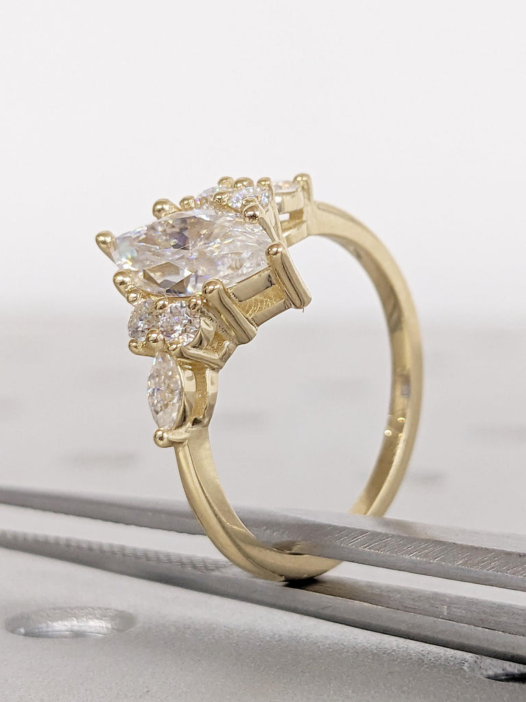 Marquise Moissanite Ring, Art Deco Moissanite Engagement Ring, 14k Solid Gold Ring, Round, Marquise Cut Diamond Cluster Ring, Gift for Mom image #6