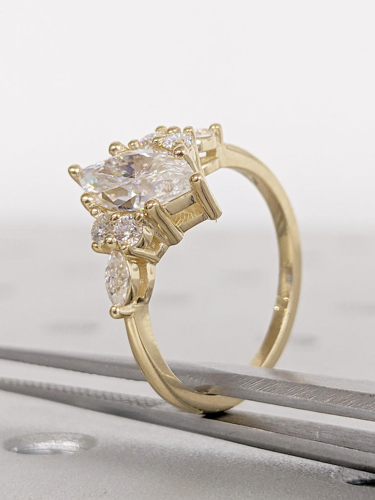 Marquise Moissanite Ring, Art Deco Moissanite Engagement Ring, 14k Solid Gold Ring, Round, Marquise Cut Diamond Cluster Ring, Gift for Mom