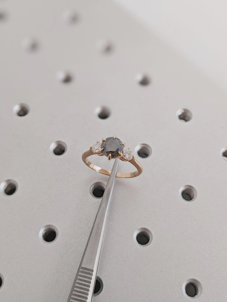 Vintage Art Deco Raw Round Salt and Pepper Diamond Engagement Ring, Unique 14K Rose Gold Black Diamond Wedding Ring, Promise Ring For Her
