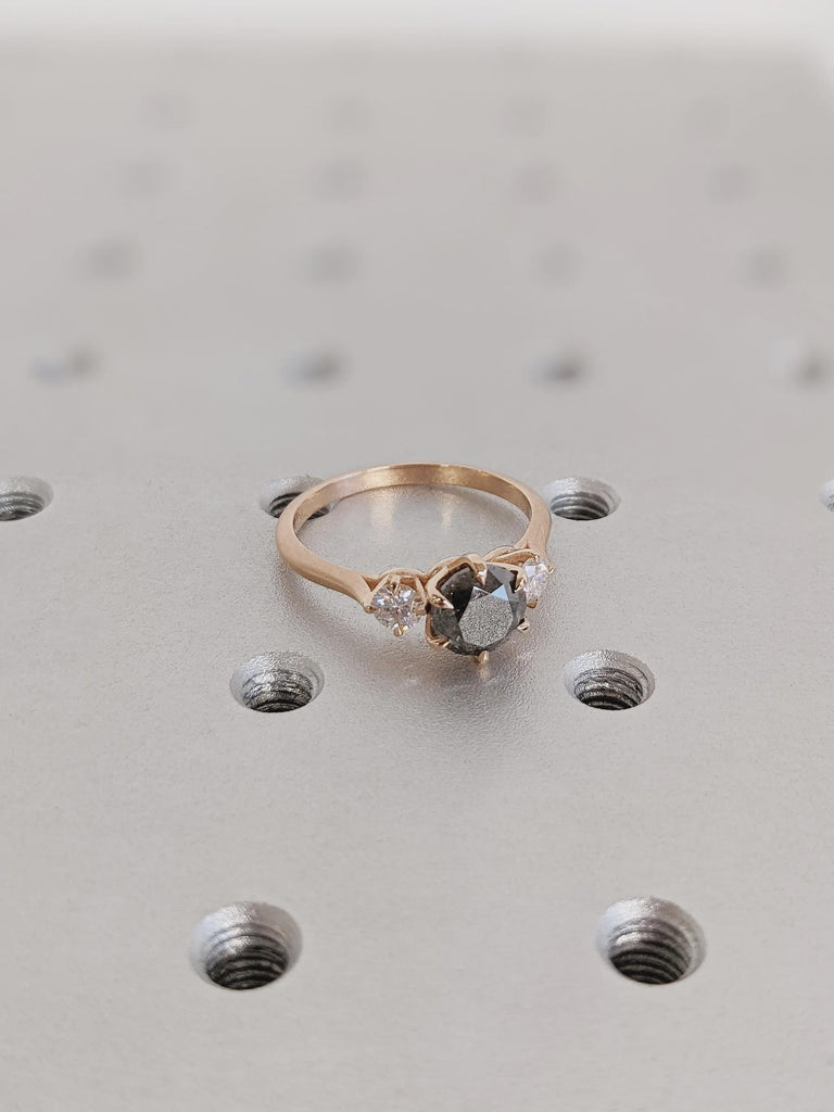 Vintage Art Deco Raw Round Salt and Pepper Diamond Engagement Ring, Unique 14K Rose Gold Black Diamond Wedding Ring, Promise Ring For Her
