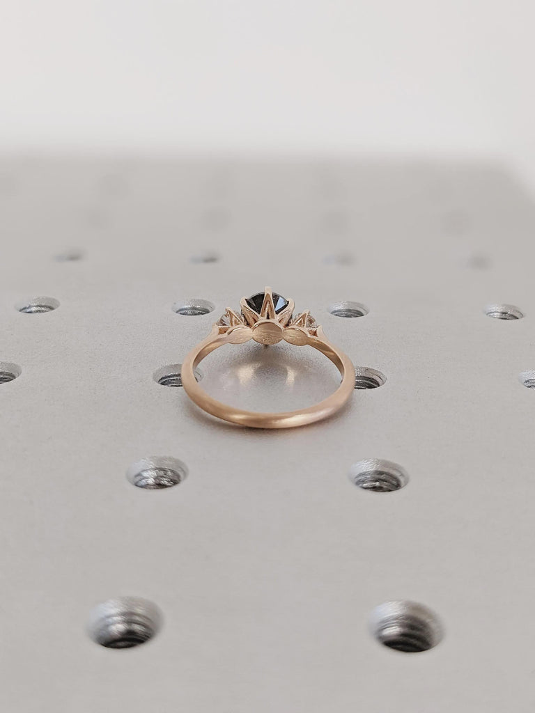 Vintage Art Deco Raw Round Salt and Pepper Diamond Engagement Ring, Unique 14K Rose Gold Black Diamond Wedding Ring, Promise Ring For Her