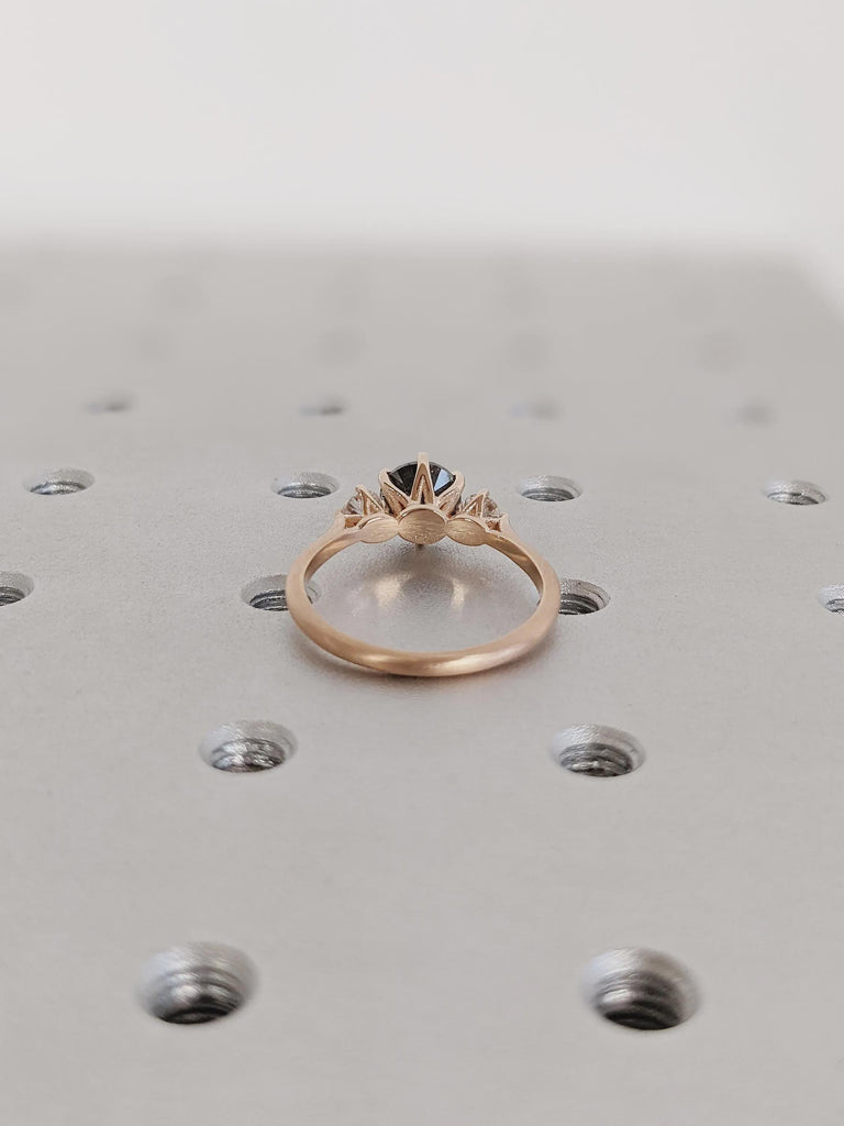 Unique 14K Solid Rose Gold Salt and Pepper 3-Stone White Diamond Ring, Vintage Claw Prong Salt & Pepper Wedding Ring, Christmas Gift for Her