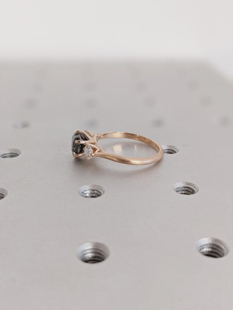 Vintage Art Deco Raw Round Salt and Pepper Diamond Engagement Ring, Unique 14K Rose Gold Black Diamond Wedding Ring, Promise Ring For Her