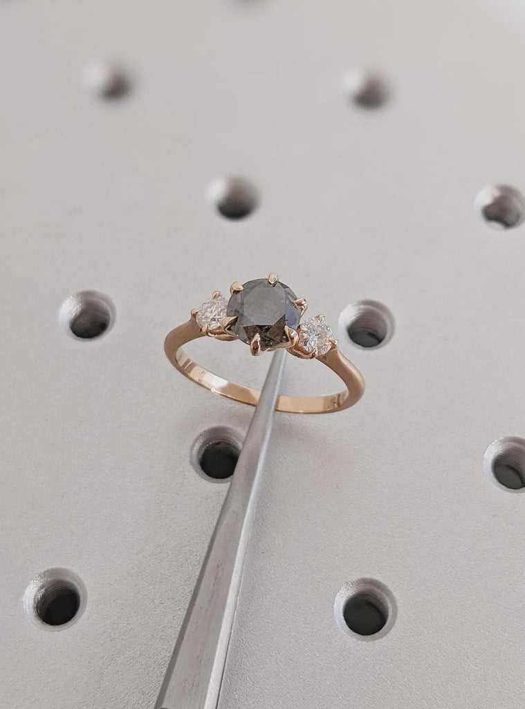 Unique 14K Solid Rose Gold Salt and Pepper 3-Stone White Diamond Ring, Vintage Claw Prong Salt & Pepper Wedding Ring, Christmas Gift for Her