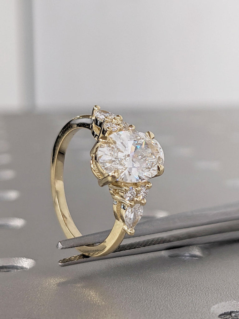 Vintage Oval Moissanite and Diamond Engagement Ring | 14K Yellow Gold Ring | Unique Moissanite Cluster Ring | Fine Luxury Wedding Jewelry