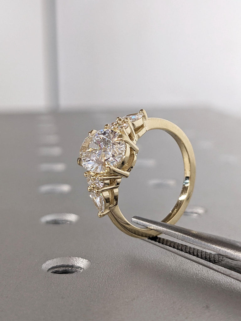 Vintage Oval Moissanite and Diamond Engagement Ring | 14K Yellow Gold Ring | Unique Moissanite Cluster Ring | Fine Luxury Wedding Jewelry