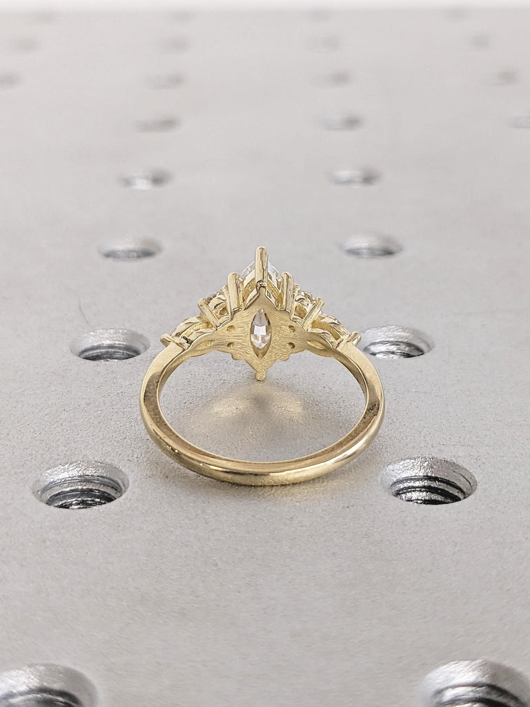 Marquise Moissanite Ring, Art Deco Moissanite Engagement Ring, 14k Solid Gold Ring, Round, Marquise Cut Diamond Cluster Ring, Gift for Mom