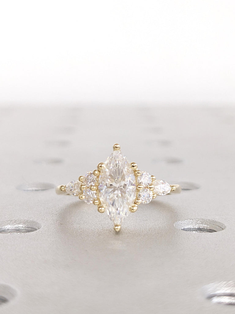 Marquise Moissanite Ring, Art Deco Moissanite Engagement Ring, 14k Solid Gold Ring, Round, Marquise Cut Diamond Cluster Ring, Gift for Mom image #10