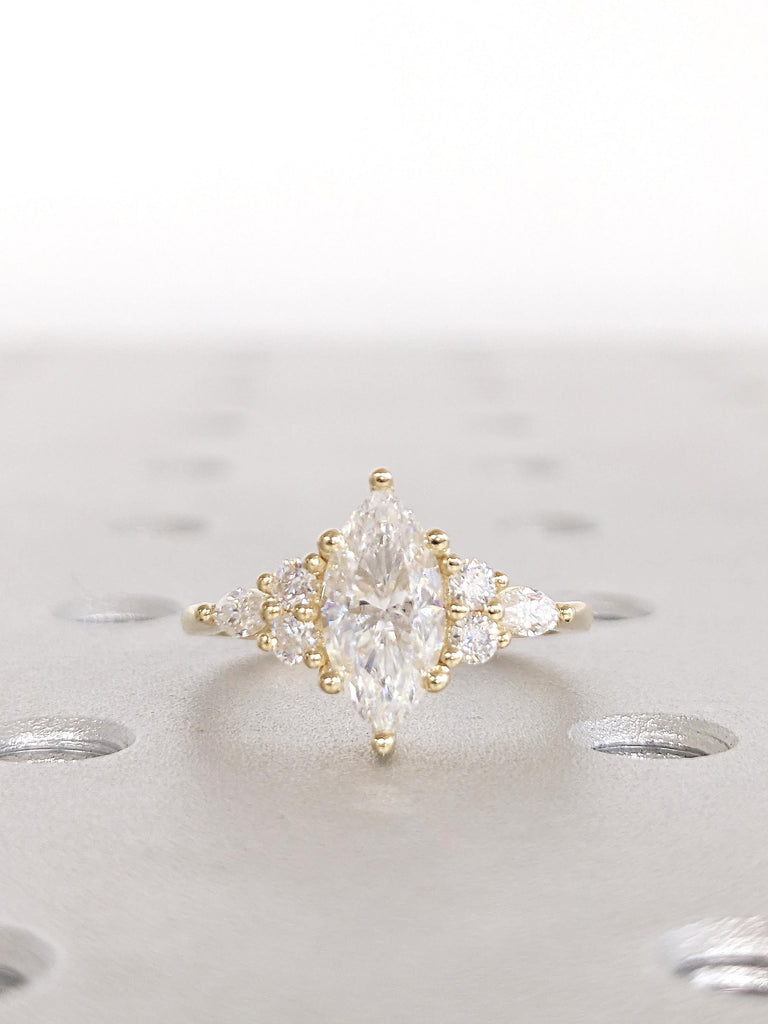 Marquise Moissanite Ring, Art Deco Moissanite Engagement Ring, 14k Solid Gold Ring, Round, Marquise Cut Diamond Cluster Ring, Gift for Mom