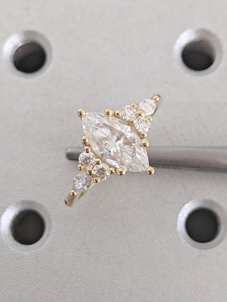 Marquise Cut Diamond Engagement Ring, Art Deco Lab Grown Diamond Ring, 14k Solid Gold Round Marquise Cluster Ring, Statement Rings for Women image #5