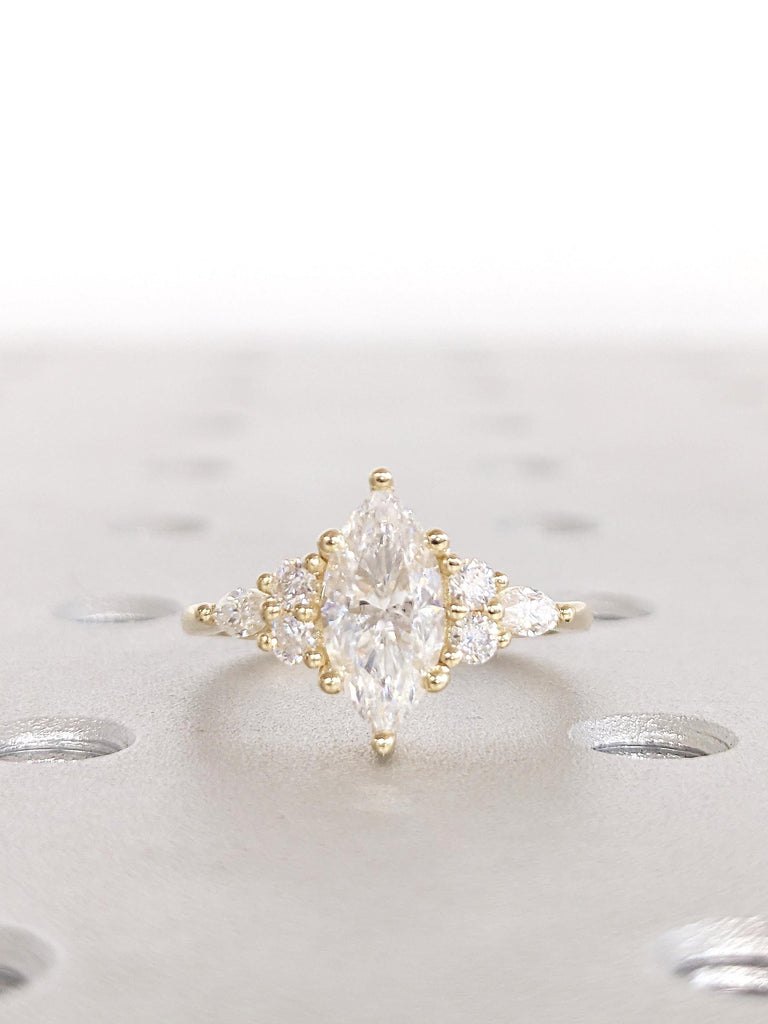 Marquise Cut Diamond Engagement Ring, Art Deco Lab Grown Diamond Ring, 14k Solid Gold Round Marquise Cluster Ring, Statement Rings for Women image #8