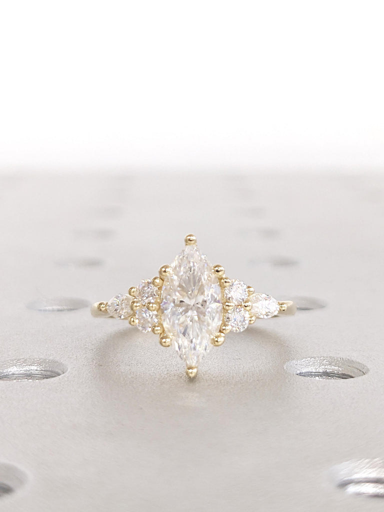 Marquise Cut Diamond Engagement Ring, Art Deco Lab Grown Diamond Ring, 14k Solid Gold Round Marquise Cluster Ring, Statement Rings for Women