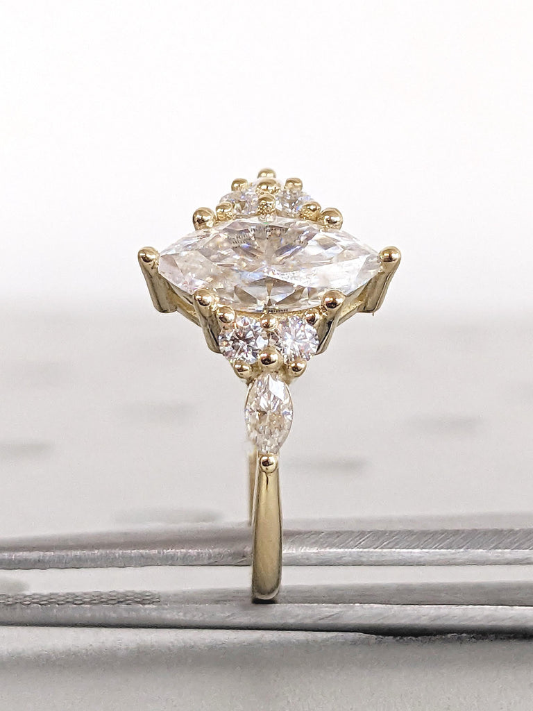 Marquise Cut Diamond Engagement Ring, Art Deco Lab Grown Diamond Ring, 14k Solid Gold Round Marquise Cluster Ring, Statement Rings for Women image #9
