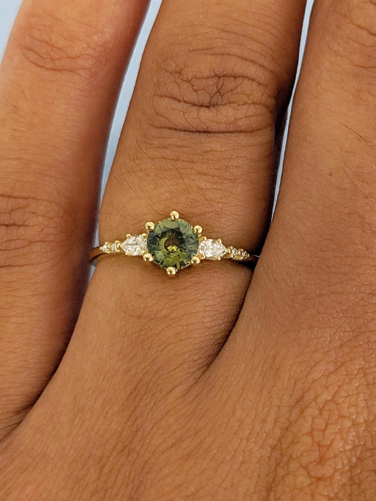 Round Cut Teal Sapphire Engagement Ring, 14k Yellow Gold Montana Sapphire Wedding Ring, Pear Round Diamond Cluster Ring, Anniversary Ring