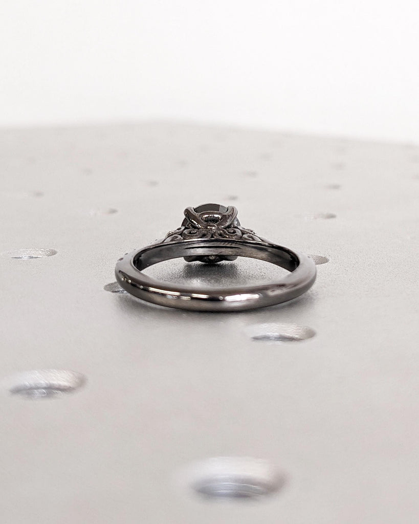 Unique Salt and Pepper Engagement Ring, Round Diamond Vintage Engagement Ring, Moissanite, Two Tone Gold Ring, Black Rose White Yellow Gold
