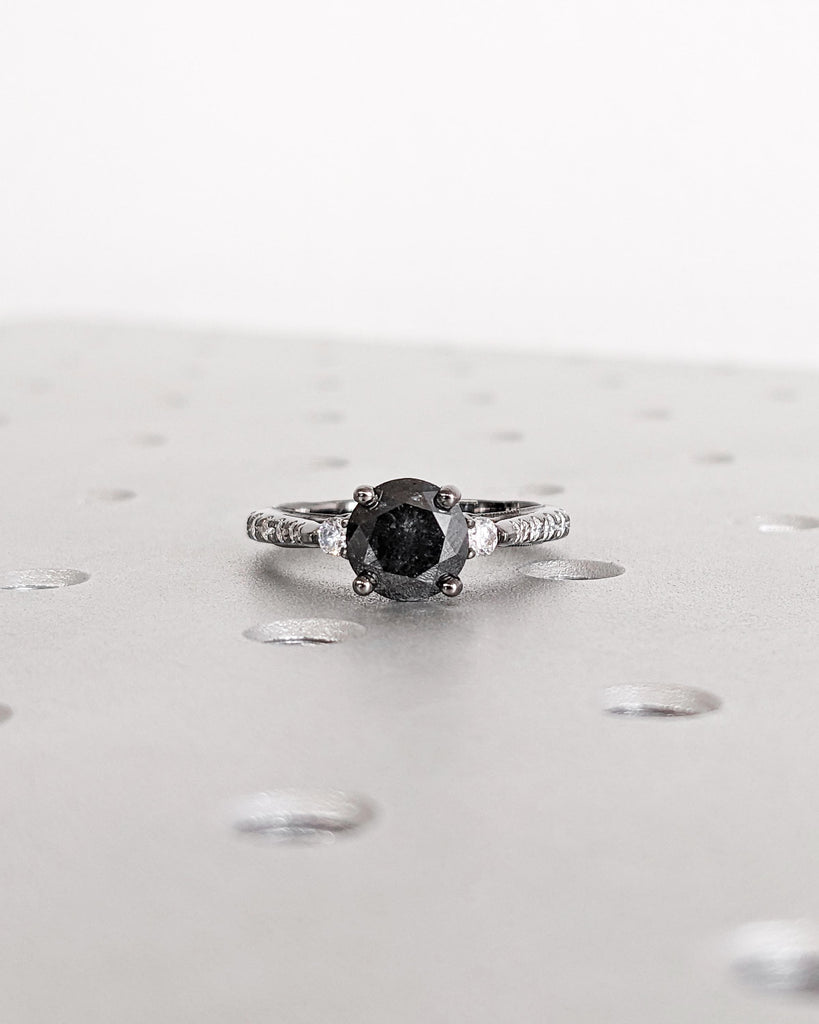 Unique Salt and Pepper Engagement Ring, Round Diamond Vintage Engagement Ring, Moissanite, Two Tone Gold Ring, Black Rose White Yellow Gold