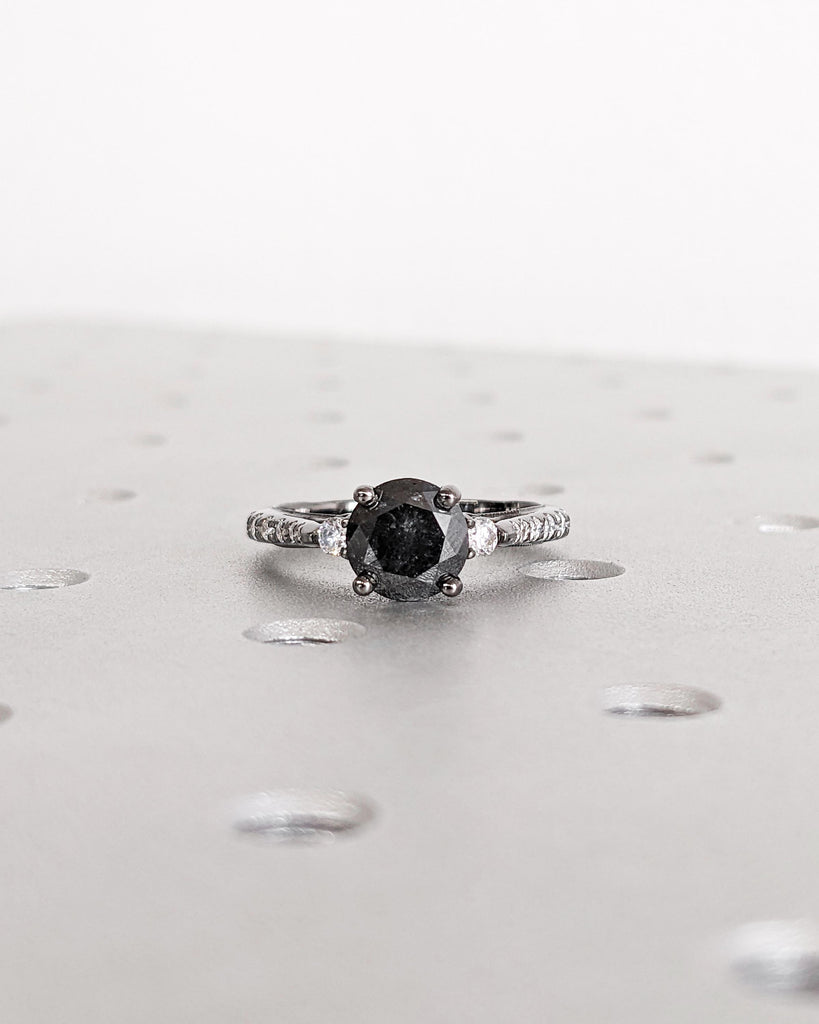 Unique Salt and Pepper Engagement Ring | Round Cut Vintage Engagement Ring | Two Tone Gold Diamond Ring | Black Yellow Rose White Solid Gold