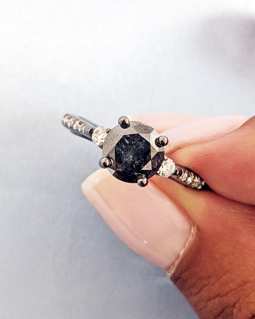 Unique Salt and Pepper Engagement Ring, Round Diamond Vintage Engagement Ring, Moissanite, Two Tone Gold Ring, Black Rose White Yellow Gold