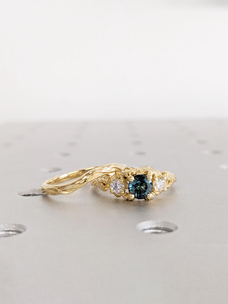 Art Deco Montana Sapphire Engagement Ring, Dainty 18k Gold Ring Set, Diamond, Teal Sapphire Ring, Stackable Ring, September Birthstone Ring