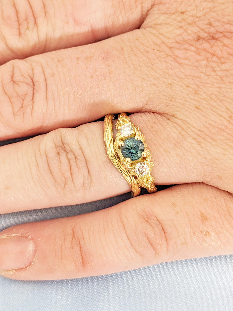 Vintage Sapphire Engagement Ring, Art Deco Sapphire Ring, 18k Gold Bridal Ring Set, Handmade Ring, Wedding Ring Set, Unique Gemstone Ring