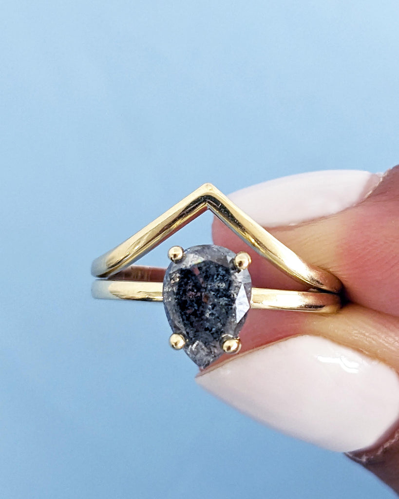 1920's Raw Salt and Pepper Diamond Rose Cut Pear Diamond Ring | Unique Engagement Rings | Black, Gray Pear | 14k Yellow, Rose or White Gold
