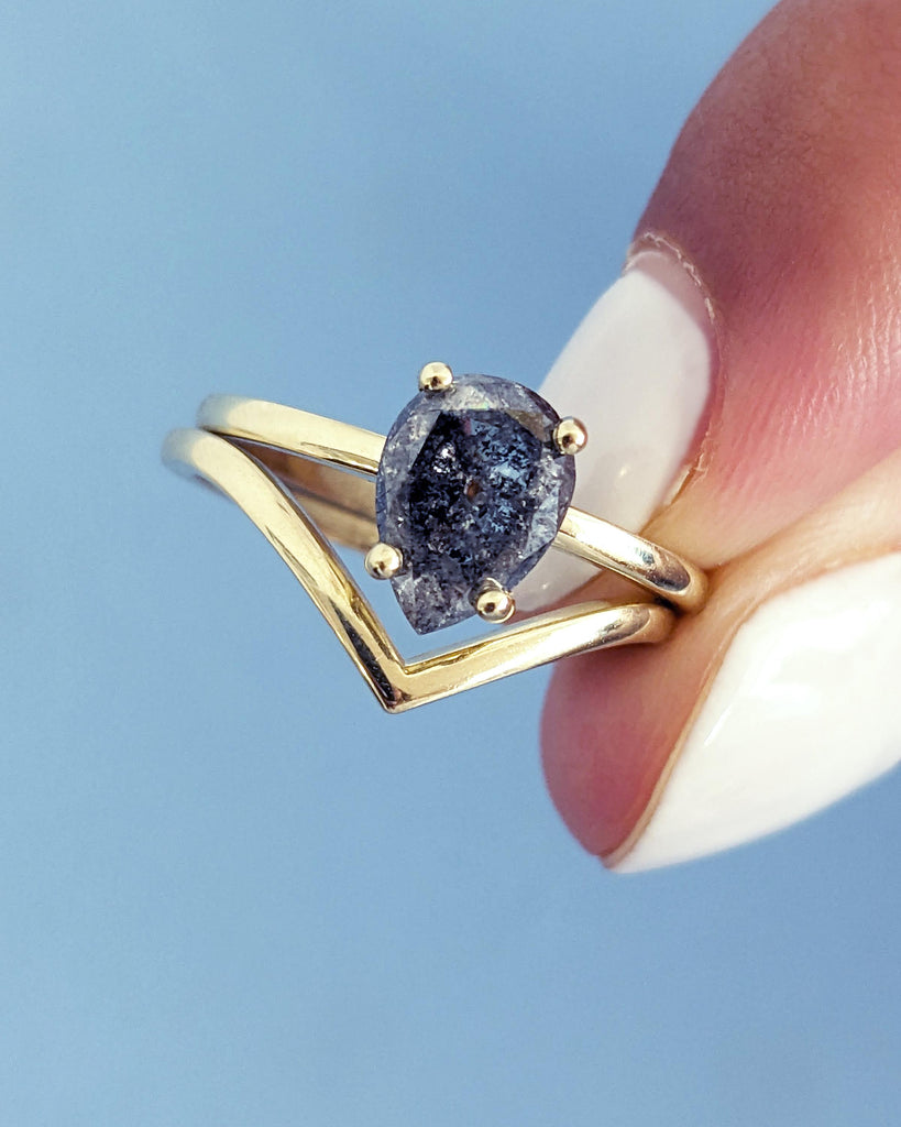 1920's Raw Salt and Pepper Diamond Rose Cut Pear Diamond Ring | Unique Engagement Rings | Black, Gray Pear | 14k Yellow, Rose or White Gold