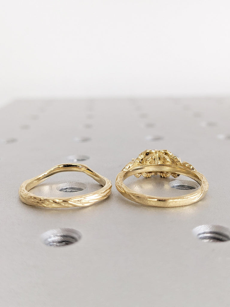 Nature Ring, 18k Solid Gold Ring, Engagement Ring, Peacock Sapphire Ring, Bridal Ring Set for Women, Floral Ring, Tree Bark Stacking Ring