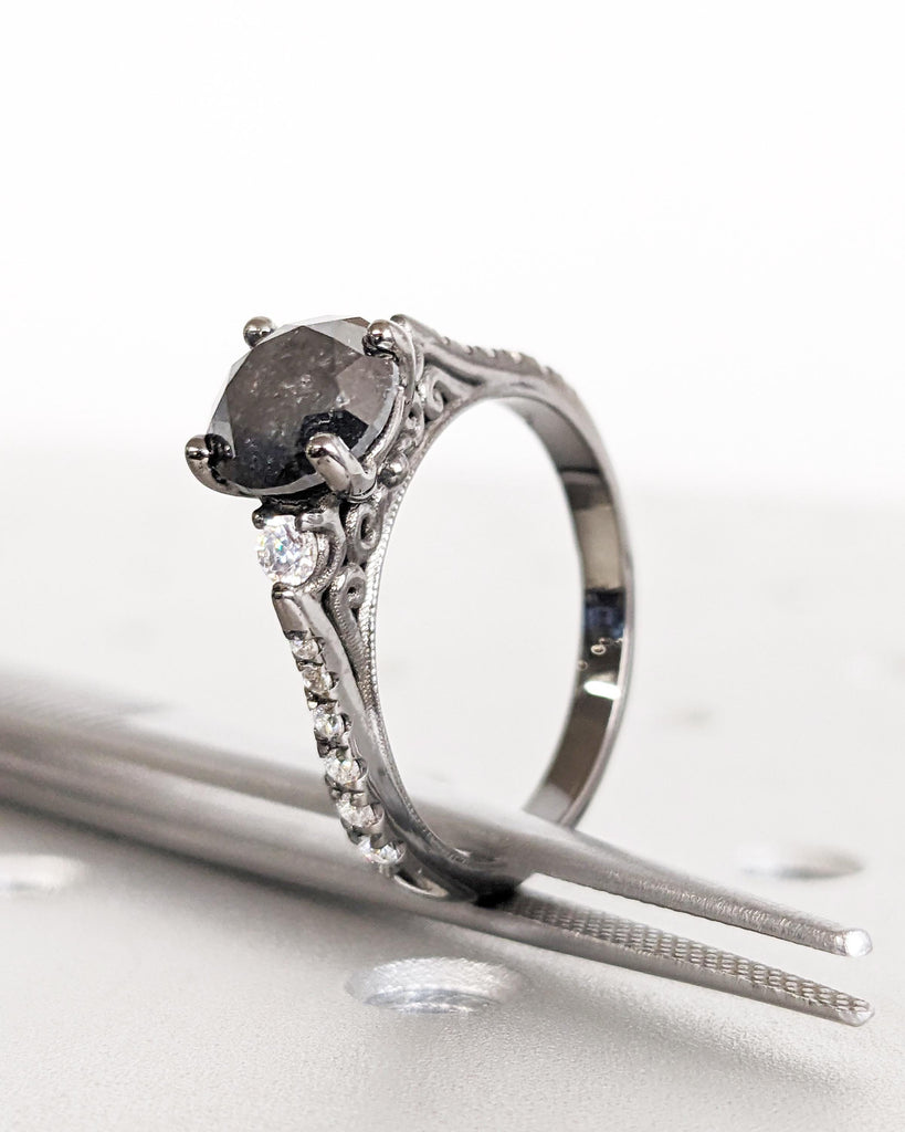 Unique Salt and Pepper Engagement Ring, Round Diamond Vintage Engagement Ring, Moissanite, Two Tone Gold Ring, Black Rose White Yellow Gold