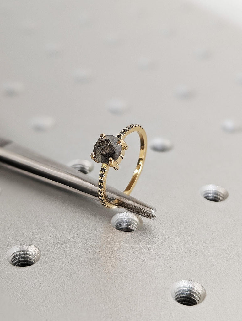 Vintage Round Cut Rose Salt & Pepper Diamond Engagement Ring, Thin 18K Yellow Gold Black Diamond Pavé Band, Claw Prong Diamond Promise Ring