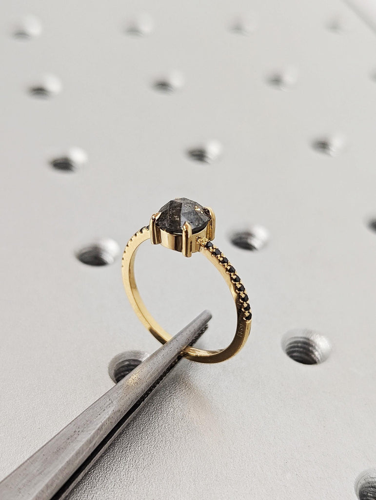 Vintage Round Cut Rose Salt & Pepper Diamond Engagement Ring, Thin 18K Yellow Gold Black Diamond Pavé Band, Claw Prong Diamond Promise Ring