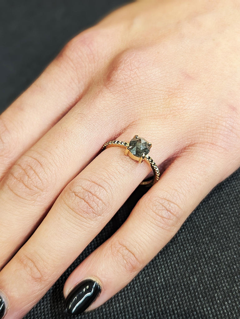 Vintage Round Cut Rose Salt & Pepper Diamond Engagement Ring, Thin 18K Yellow Gold Black Diamond Pavé Band, Claw Prong Diamond Promise Ring