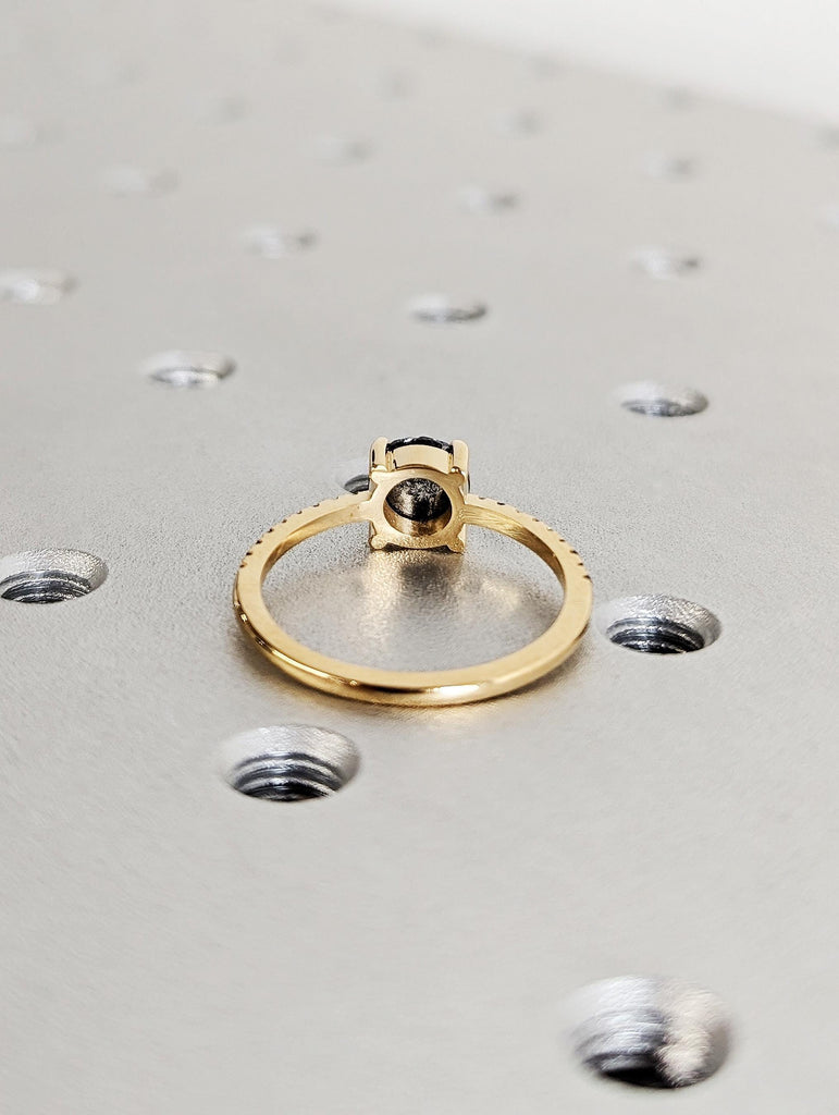 Vintage Round Cut Rose Salt & Pepper Diamond Engagement Ring, Thin 18K Yellow Gold Black Diamond Pavé Band, Claw Prong Diamond Promise Ring