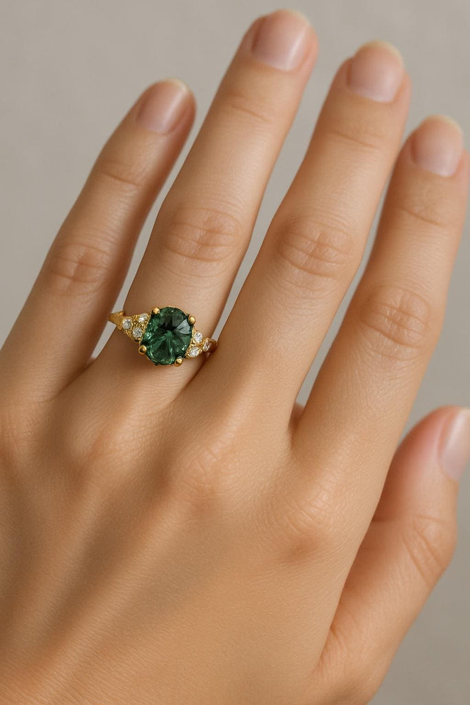 14k Solid Gold Teal Green Sapphire and Diamond Ring | Oval Engagement Ring | Blue Green Gemstone Ring | Women Oval Solitaire Ring | Handmade Jewelry
