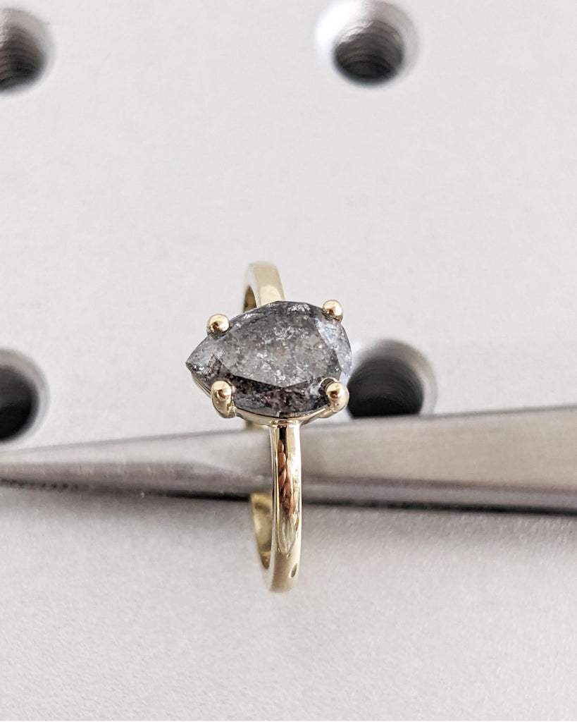 Vintage Teardrop Salt and Pepper Ring, Solitaire Pear Engagement Ring, Galaxy Salt and Pepper Gray Diamond Ring, 14K White Gold Promise Ring