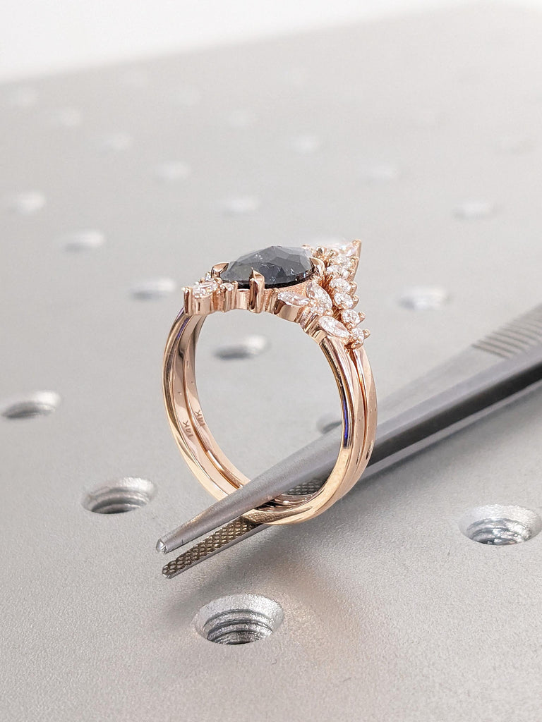 Marquise Cut Salt and Pepper Diamond Wedding Ring for Women | 14k 18k Rose Gold Vintage Engagement Ring Set | Black Diamond Bridal Ring Set