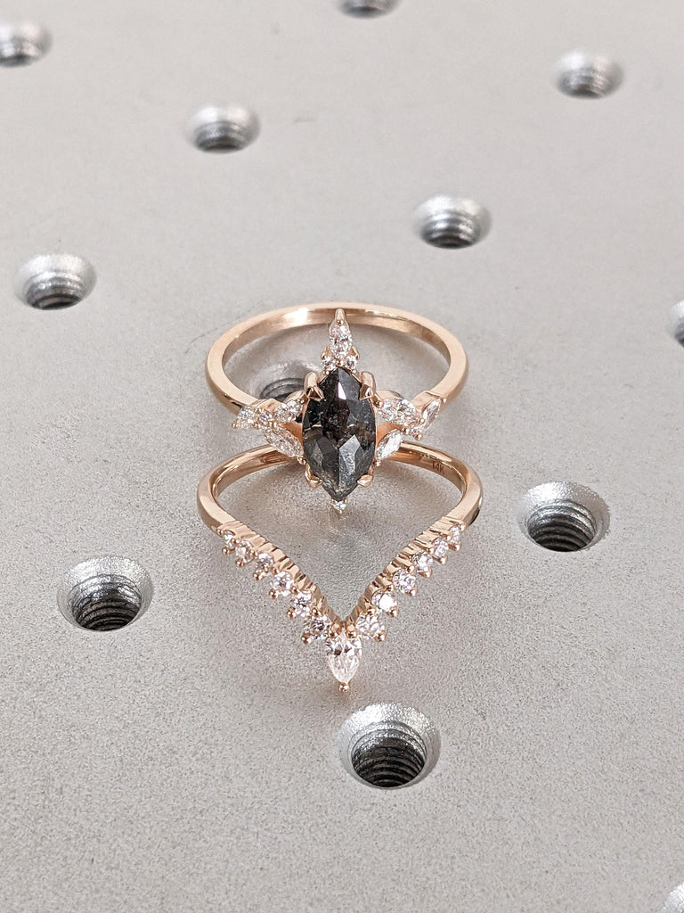 Marquise Cut Salt and Pepper Diamond Wedding Ring for Women | 14k 18k Rose Gold Vintage Engagement Ring Set | Black Diamond Bridal Ring Set