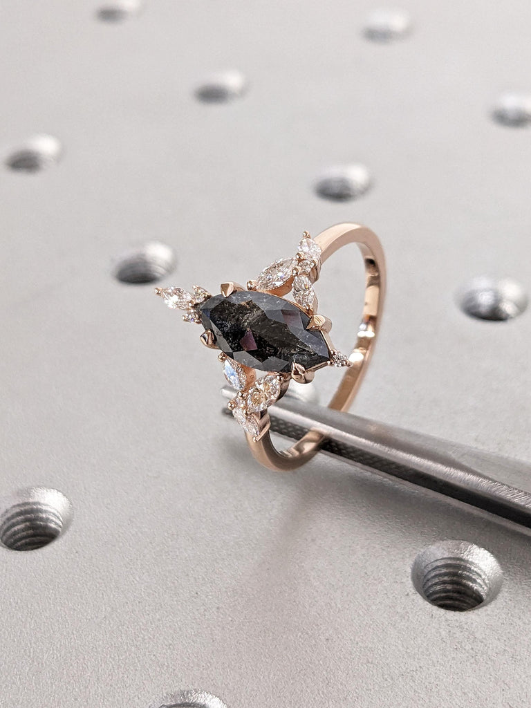 1.5 Carat Genuine Salt and Pepper Black Diamond Wedding Anniversary Ring | 14k Rose Gold Engagement Ring | Diamond Cluster Ring