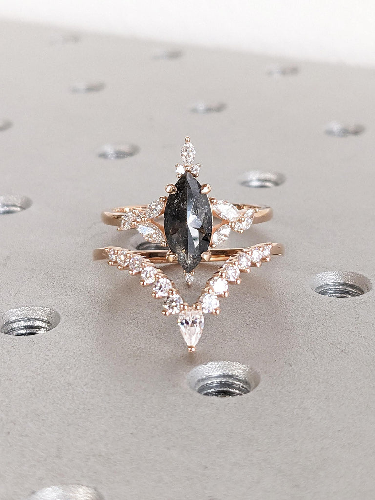 Marquise Cut Salt and Pepper Diamond Wedding Ring for Women | 14k 18k Rose Gold Vintage Engagement Ring Set | Black Diamond Bridal Ring Set