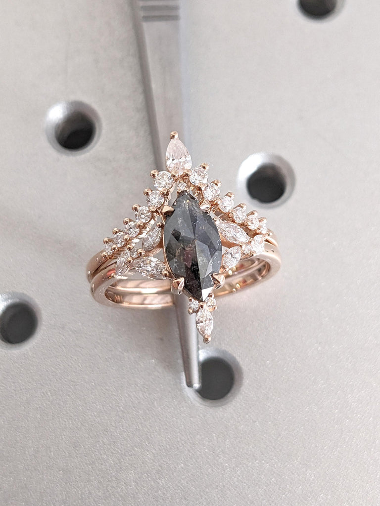 Marquise Cut Salt and Pepper Diamond Wedding Ring for Women | 14k 18k Rose Gold Vintage Engagement Ring Set | Black Diamond Bridal Ring Set image #1