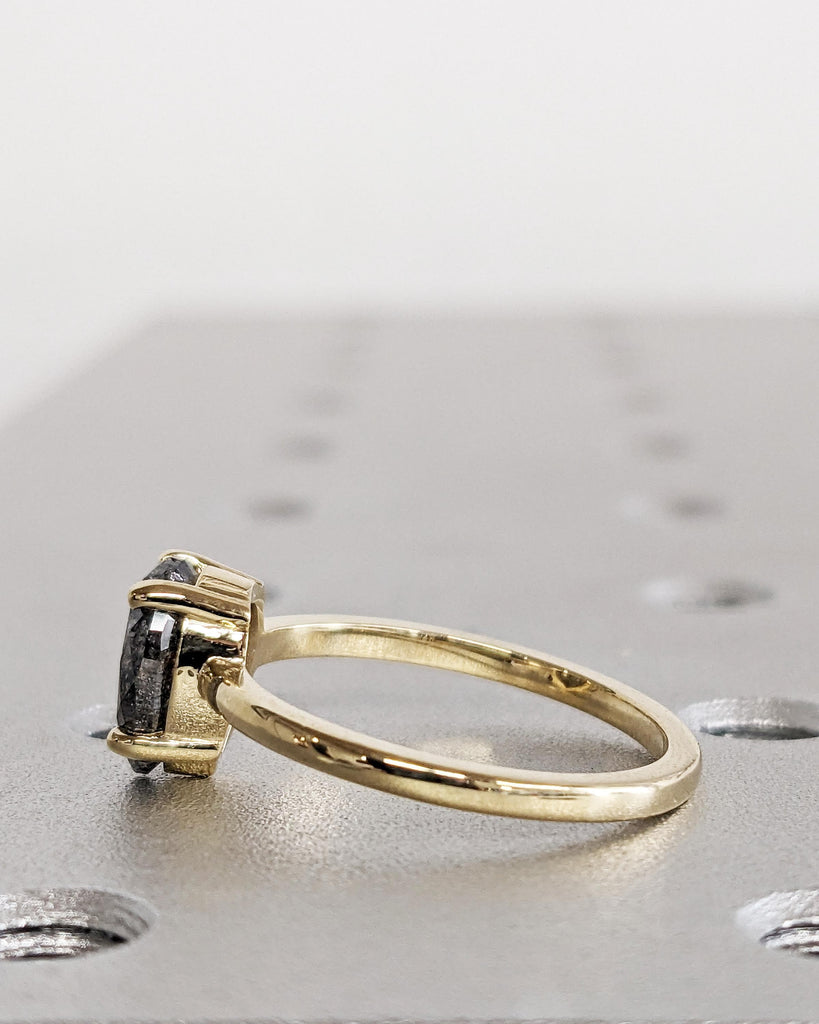 1920's Raw Salt and Pepper Diamond Rose Cut Pear Diamond Ring | Unique Engagement Ring | Galaxy Black Gray Pear 14k Yellow, Rose, White Gold
